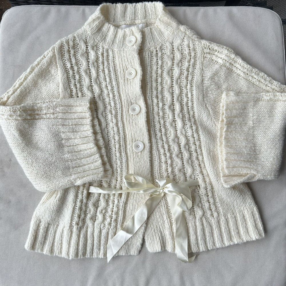 GUESS crochet sweater cream size M buttons and satin tie around the waist
